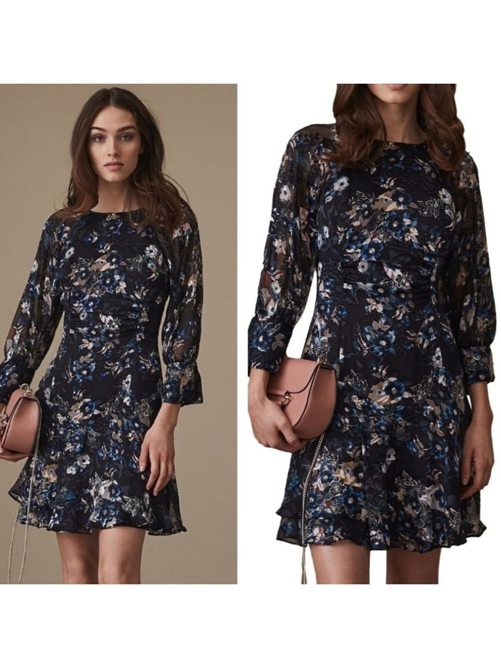 REISS Floral Burnout Dress Navy Blue Size 10